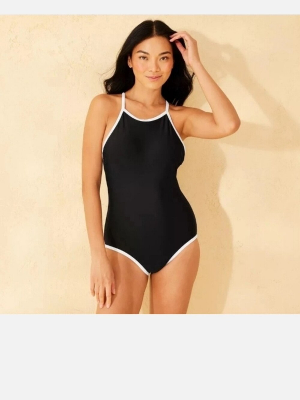 Shade & Shore Black High Neck One Piece Swimsuit w White Piping Size Large 12-14